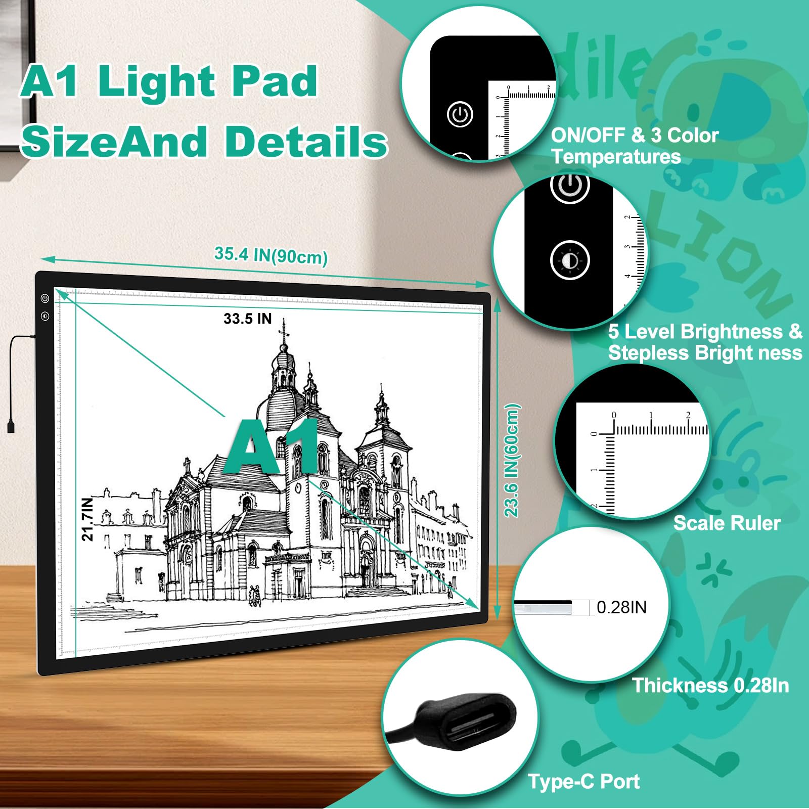 Mesa De Luz A1 Recargable - 35.4x23.6 Pulgadas, 3 Colores, 6 Niveles Brillo