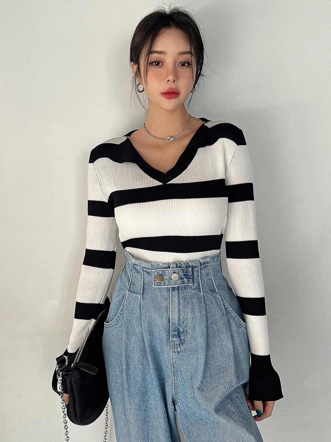 BEDAW Women's Sweater Striped Pattern Ribbed Knit Sweater Sweater for Women (Color : White, Size : X-Large)