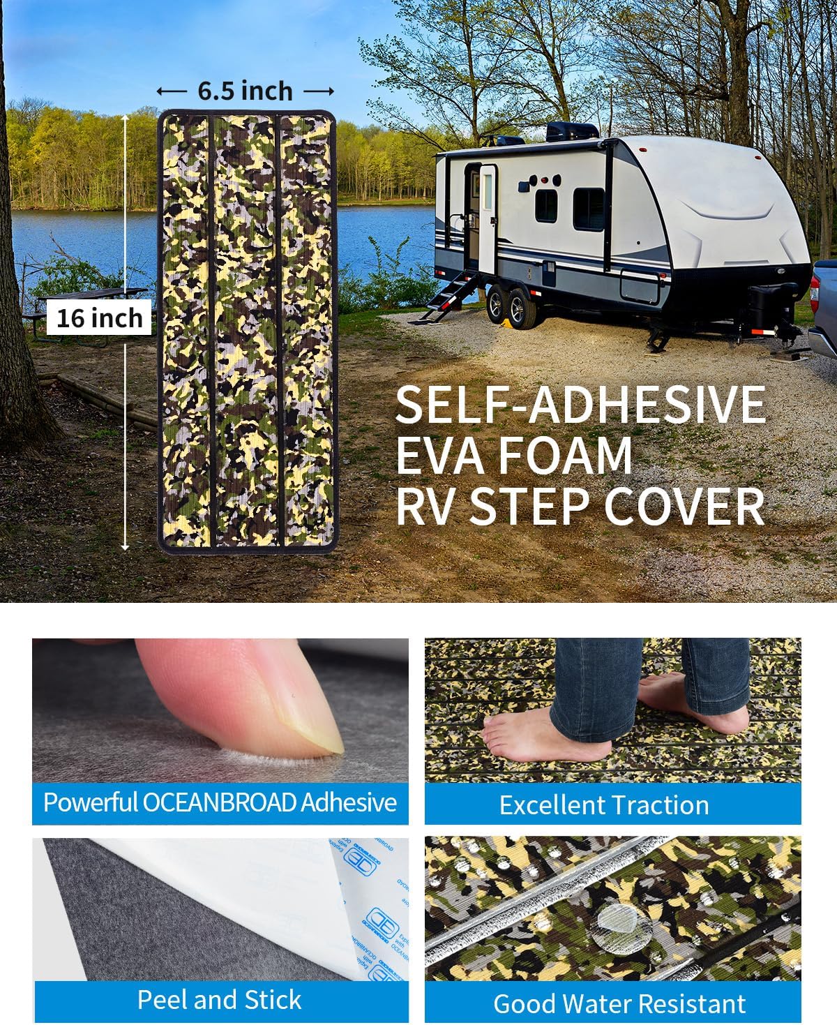 OCEANBROAD EVA Foam RV Step Cover 16''L x 6.5''W 4 Pack with Self Adhesive for Ladders Trailers Truck Campers Stair Treads, Camouflage Green