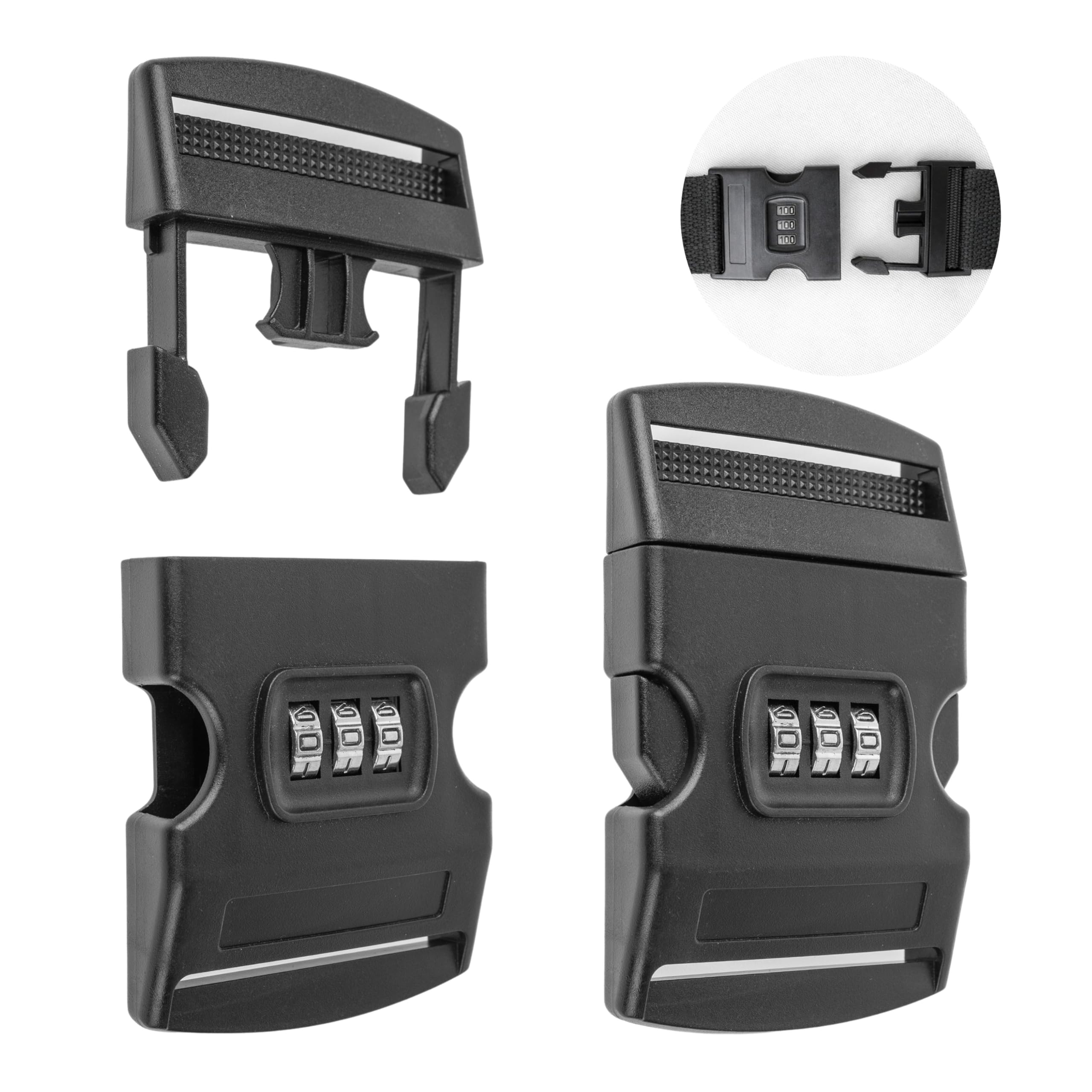 Your Day Mate Buckles with combination lock, 2 pieces, size 50 mm, black, plastic, for straps up to 50 mm, rope click fastener, replacement clip, buckle repair, rucksack strap clamp