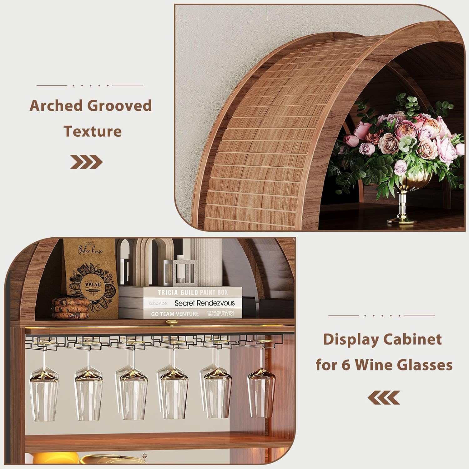 LVB Arched Bar Cabinet with Fridge Space, Mid-Century Fluted Coffee Bar Cabinet with Storage, 73" Tall Home Bar with LED Light, Wine Liquor Cabinet with Mirrored for Kitchen Dining Living Room, Walnut