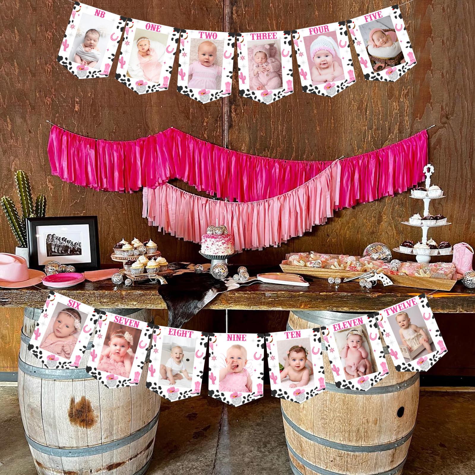 Cowgirl 1. Geburtstag Foto Banner – Pink, 13 Teile, Für Mädchen, Monatliche Meilensteine Bis 12 Monate