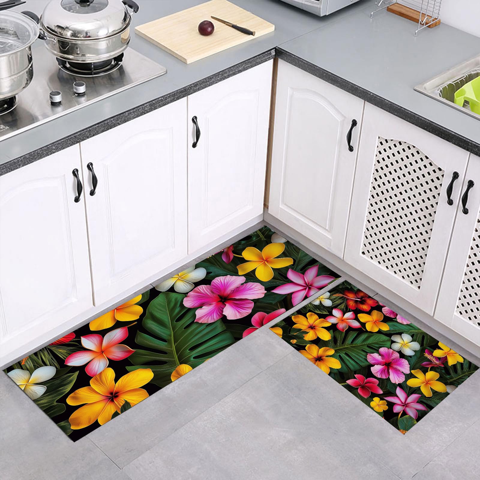 Tapis de cuisine absorbant avec motif plante tropicale et hibiscus