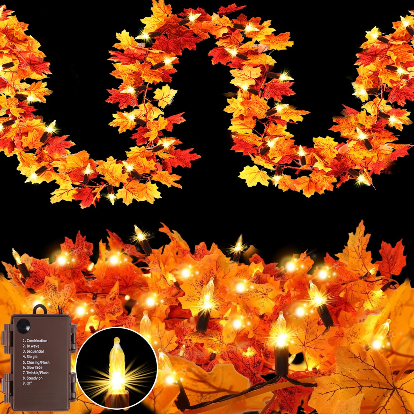 Guirlande d'automne lumineuse à piles 6m 100 LED orange pour déco Thanksgiving Lot de 2