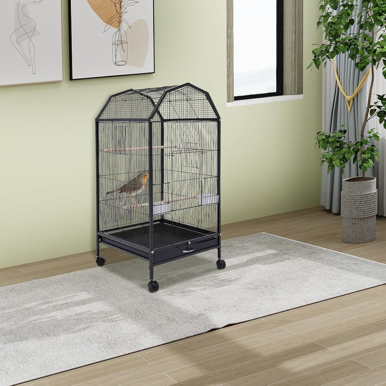 40-Inch Wrought Iron Bird Cage with Open-Top and Rolling Stand, Movable Parrot Cage Pet Bird Flight Cage, 360 Degree View Spacious Interactive Roof Pet Bird House for Medium&Small Birds