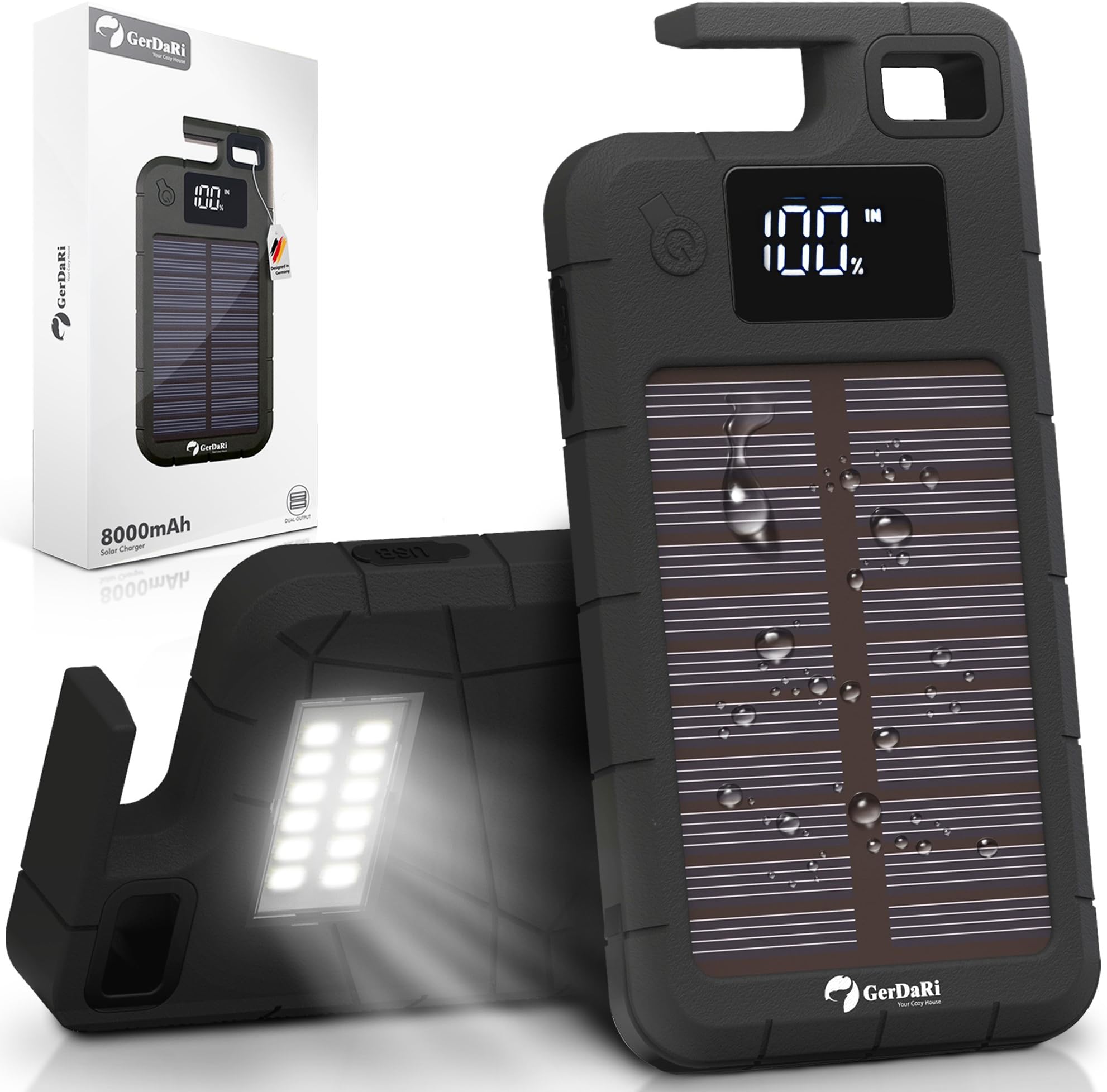 Solar Charger - Best Solar Power Bank with Real 8000mAh - Solar Phone Charger - Outdoor Solar Charger - LED Display - 2 USB Ports - 12 Flashlight - Solar Battery Pack Charges in ANY Weather - Black
