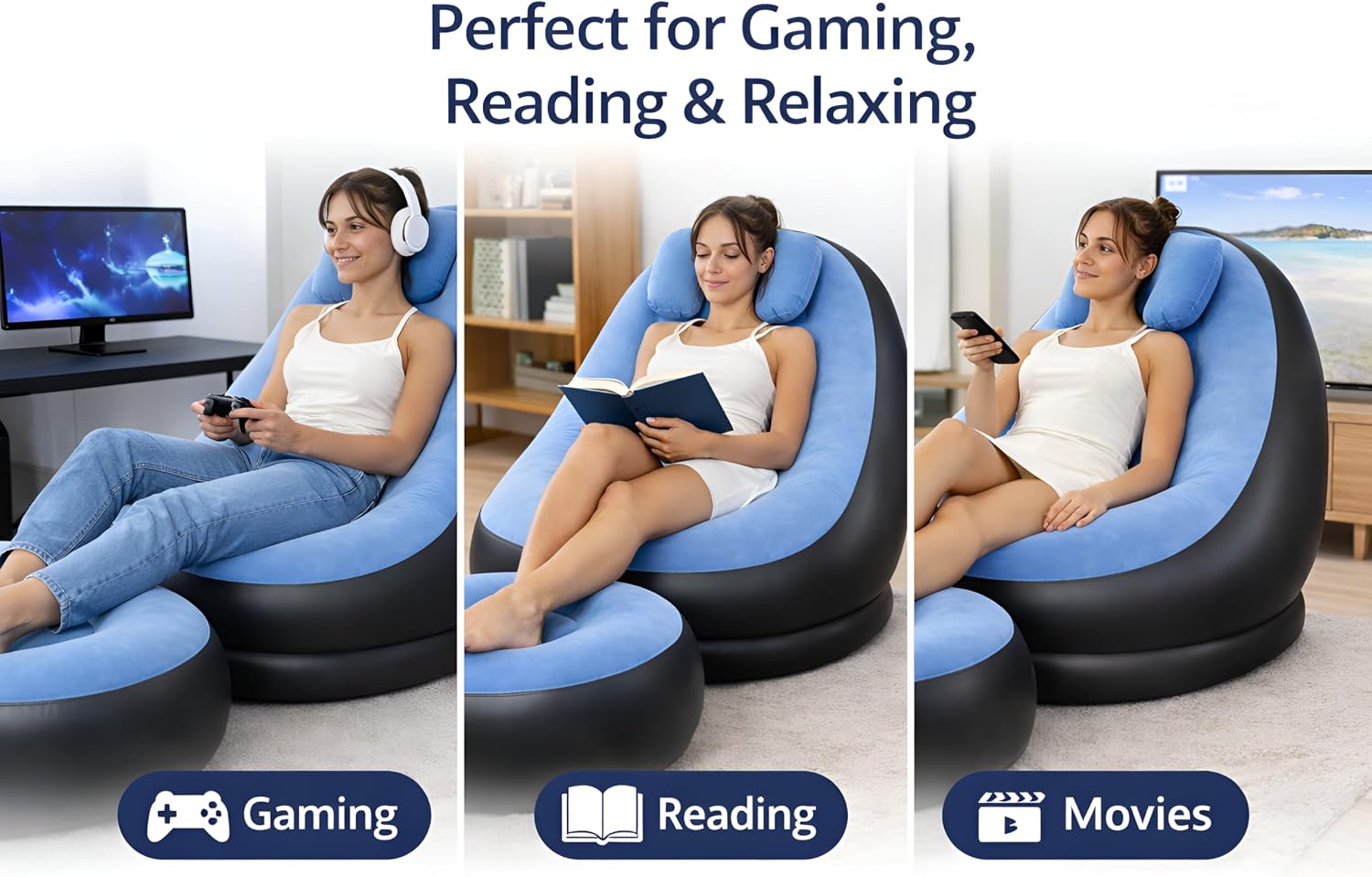 Inflatable Lounge Chair for Indoor and Outdoor Use Couch for Camping Blow up Chairs Gaming Chair Ergonomic Bean Bag Chairs for Comfort Flocked Surface inflatables Inflatable Couch Outdoor