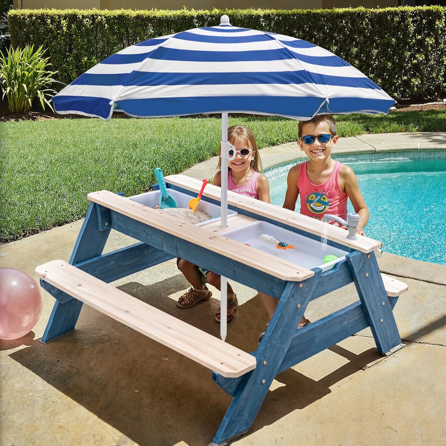 Kids 3-in-1 Sand & Water Activity Table, Wood Outdoor Convertible Picnic Table, 2 Play Boxes, Removable Top with Faucet, Picnic Table for Outdoor Backyard Patio Play (Blue/Navy)