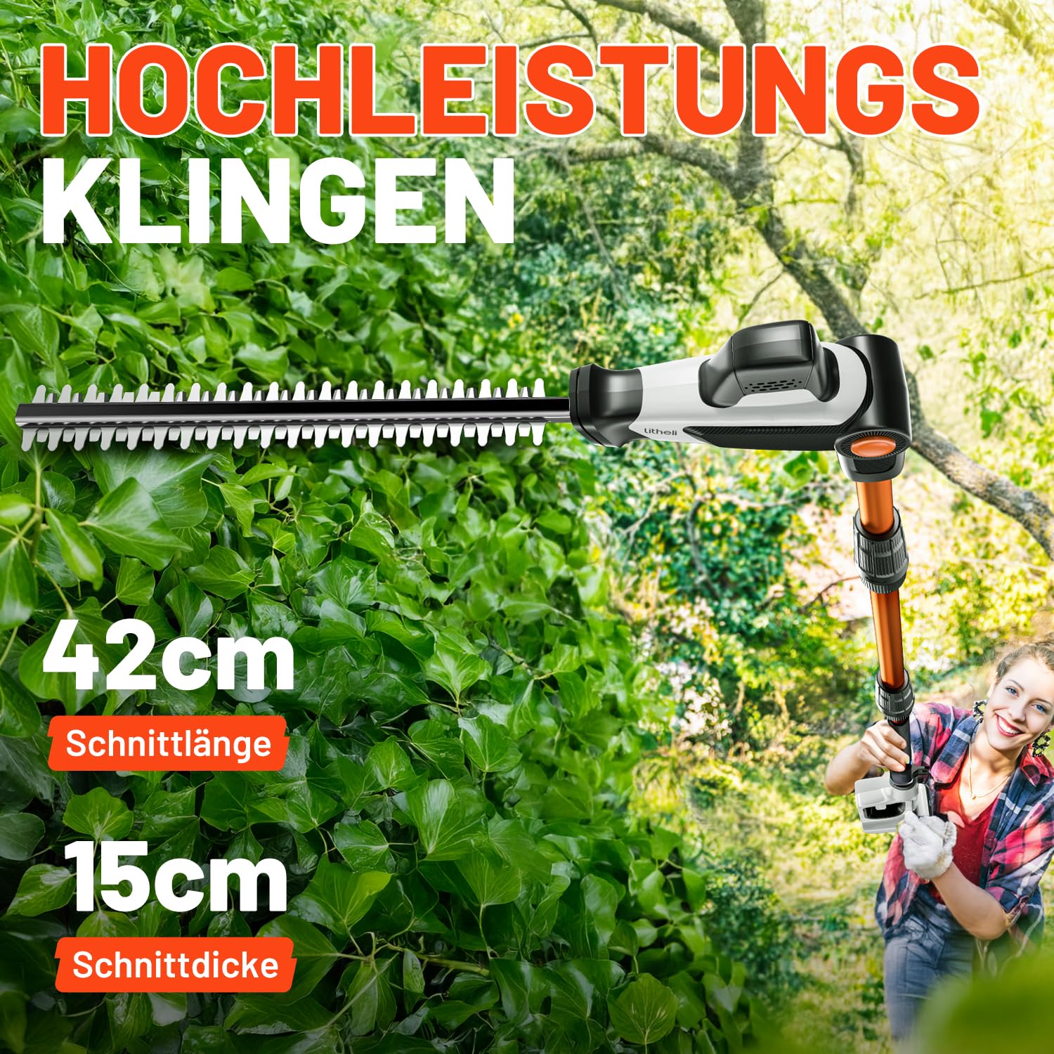 Litheli Tagliasiepi telescopico a batteria 20 V con asta fissa, manico regolabile in 6 posizioni fino a 3,4 m, lama doppia 42 cm, batteria 10000 mAh, leggero ed ergonomico