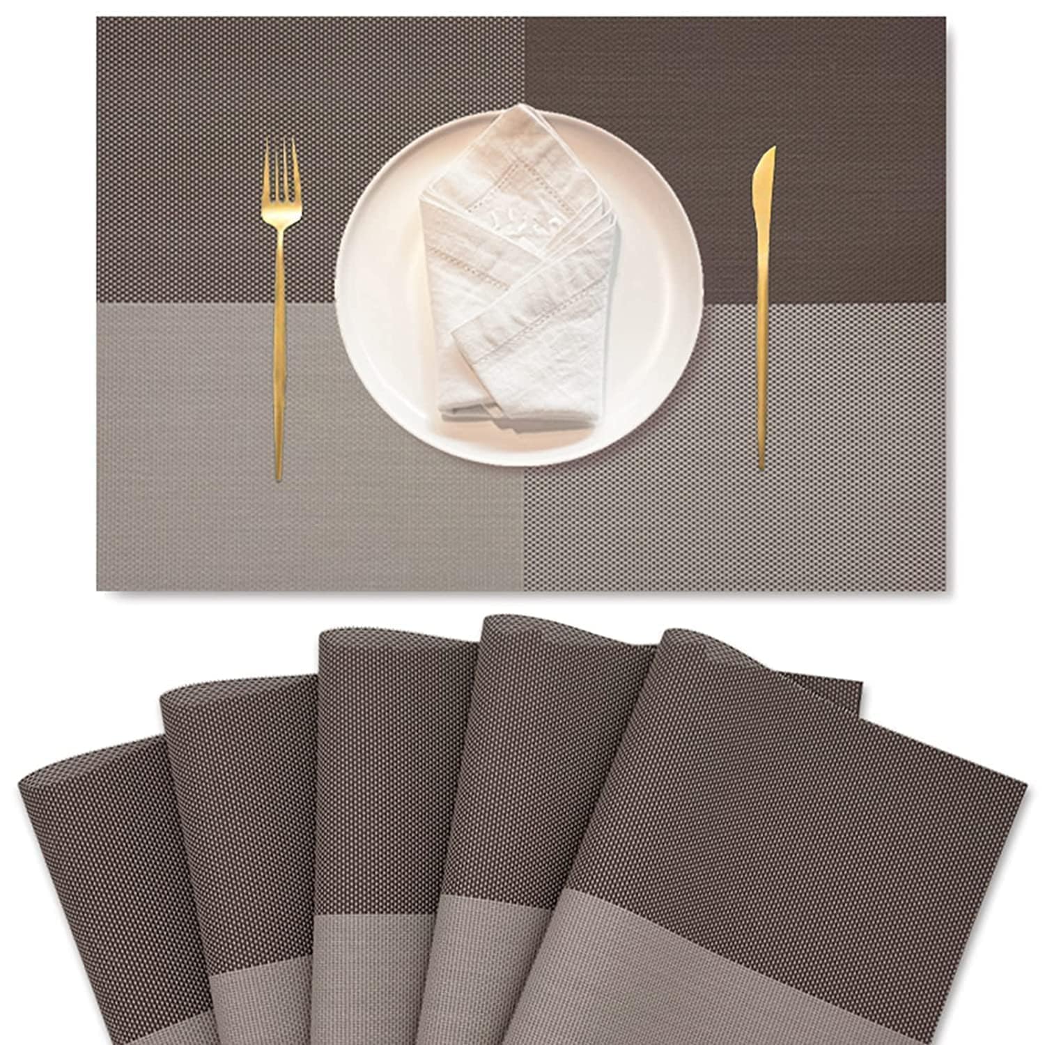 Feinerman 6 Pcs Durable Heat-Resistant Washable PVC Placemats for Dining Table, Non-Slip Anti-Stain Table Mats, Woven Vinyl Dinner Mats, Kitchen Table Mats for Indoor and Outdoor Use (Brown)