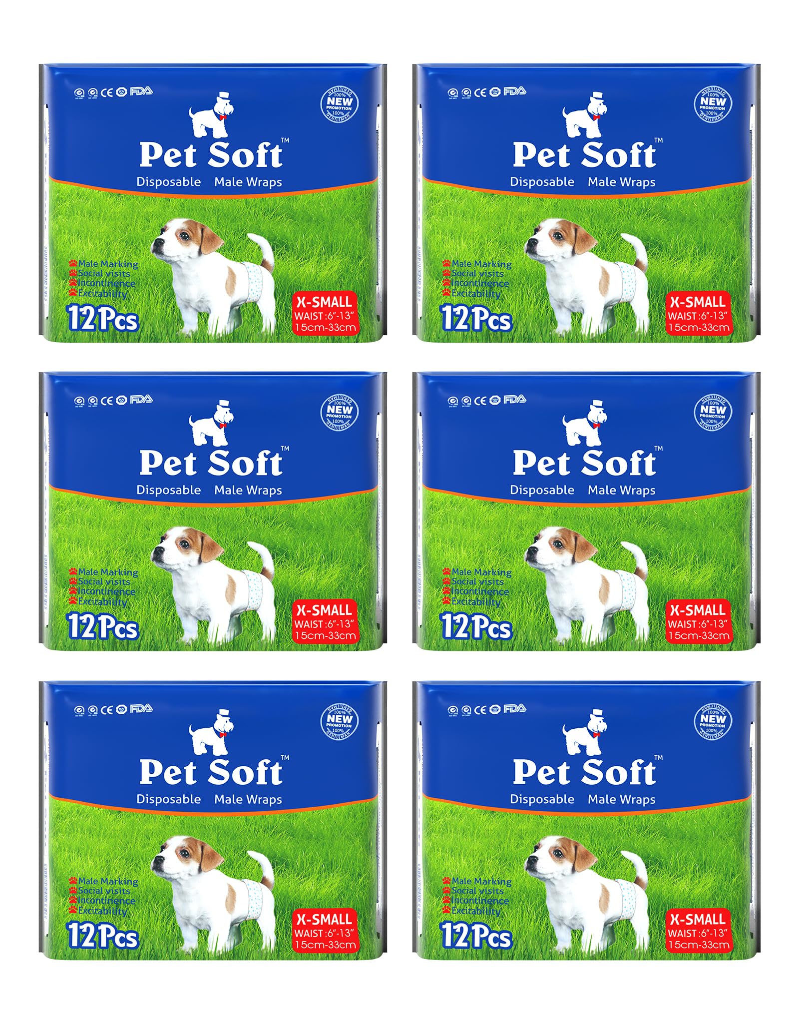Pet Soft Pañales desechables para perros machos – Pañales desechables para mascotas, pañales súper absorbentes para perros y gatos, incontinencia urinaria, XS, 72 unidades (XS-12 unidades (6'-13'))
