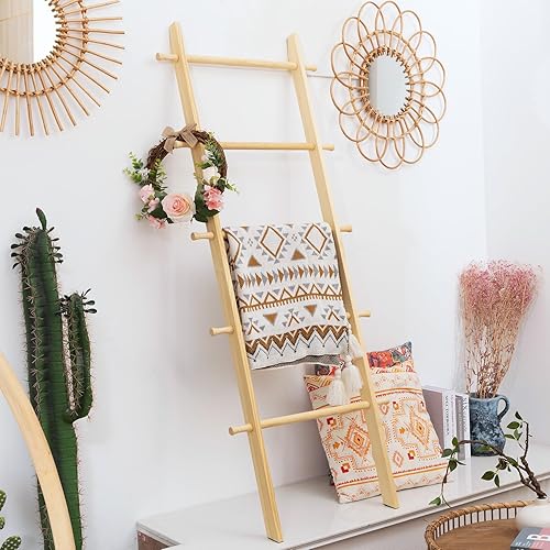 Miniatura 123 de Escalera para mantas, soporte de edredón de madera de 6 niveles, estante decorativo para escalera, estante inclinado, estante de almacenamiento
