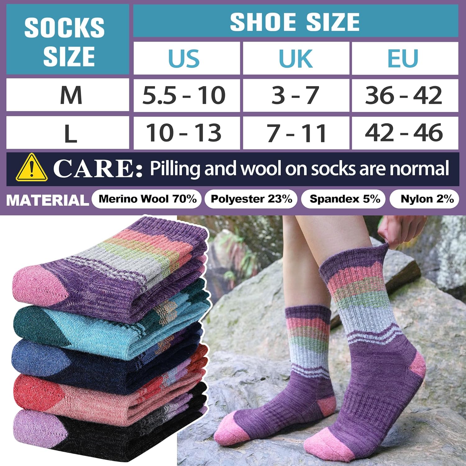 Sandsuced Merino Wool Hiking Warm Socks Thermal Winter Cozy Crew with Cushioned Sole & Moisture Wicking 5 Pairs for Women - Image 5