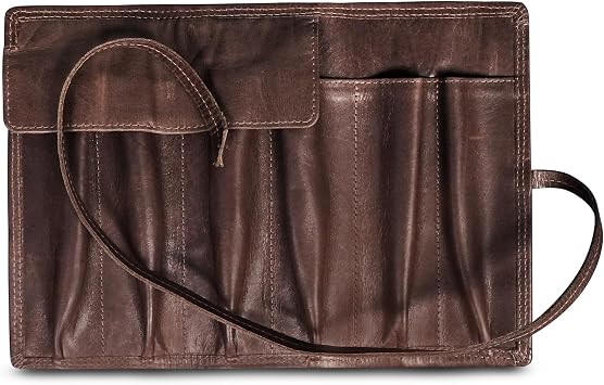 FPR 6 Slot Leather Fountain Pen Case Fountain Pen Pouch for Oversized Pens Genuine Leather Portfolio with Secure Strap Versatile Traveler Notebook Accessories with Fold-Over Flap Style