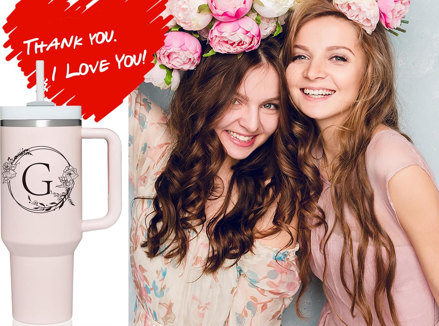 AMZUShome Personalized 40oz Tumbler Cup with Initials.Cup with Letter G 40oz Tumbler with Handle.Custom Tumbler Cup with Letter.Initial Monogram Tumbler Mug Gifts for Women Birthday Christmas. - Image 4