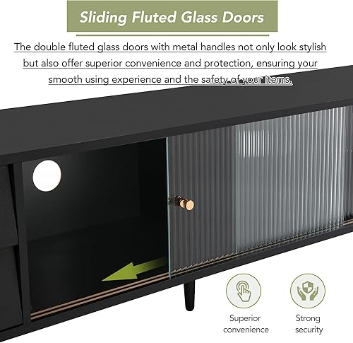 Miniatura 4 de Linique Soporte de TV contemporáneo con puertas corredizas de vidrio estriado, cajones inclinados, consola multimedia para televisores de hasta 70