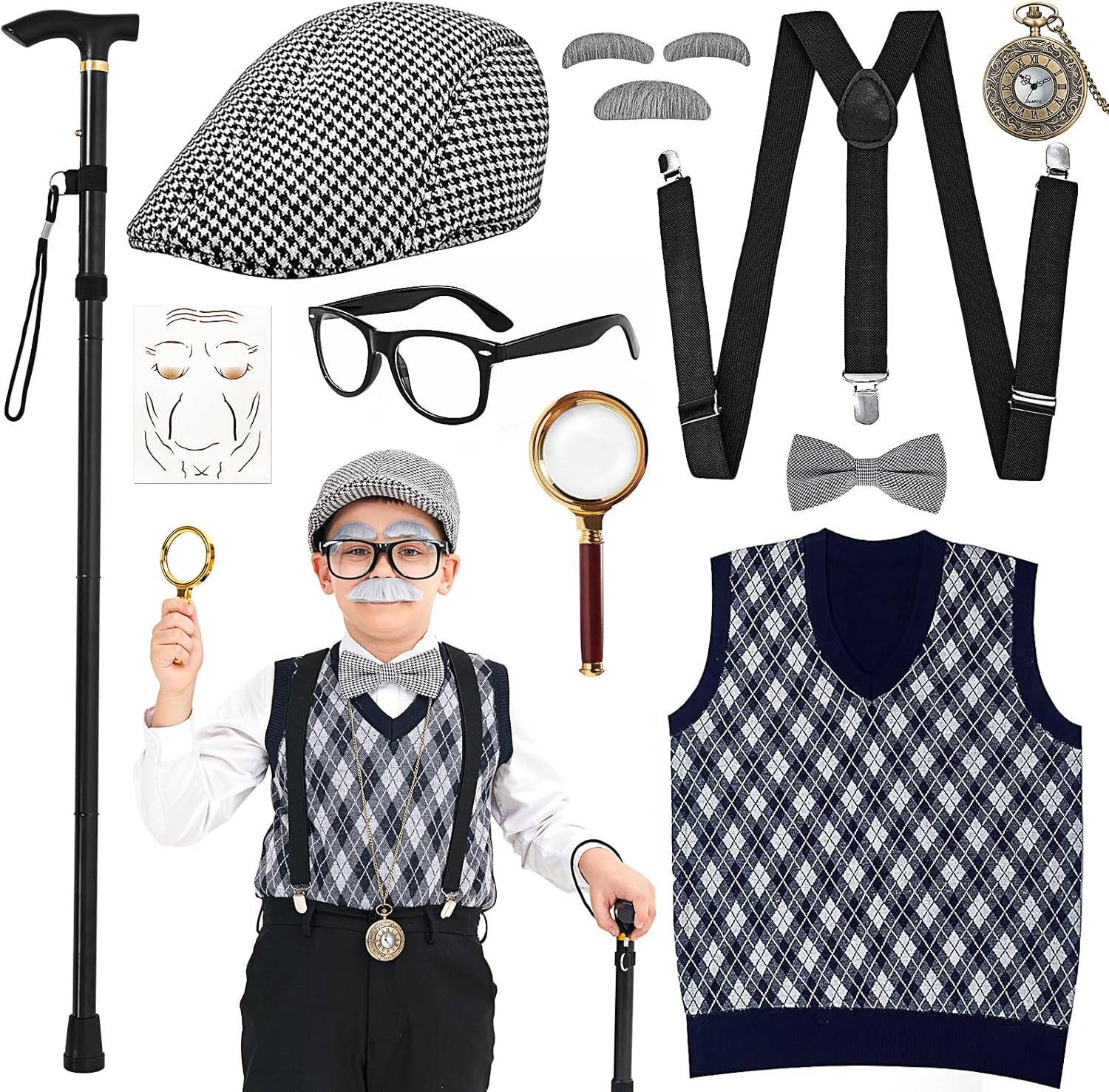 MGparty 100th Day of School Costume for Boys, Old Man Costume for Kids, Cosplay Grandpa Dress Up Accessories
