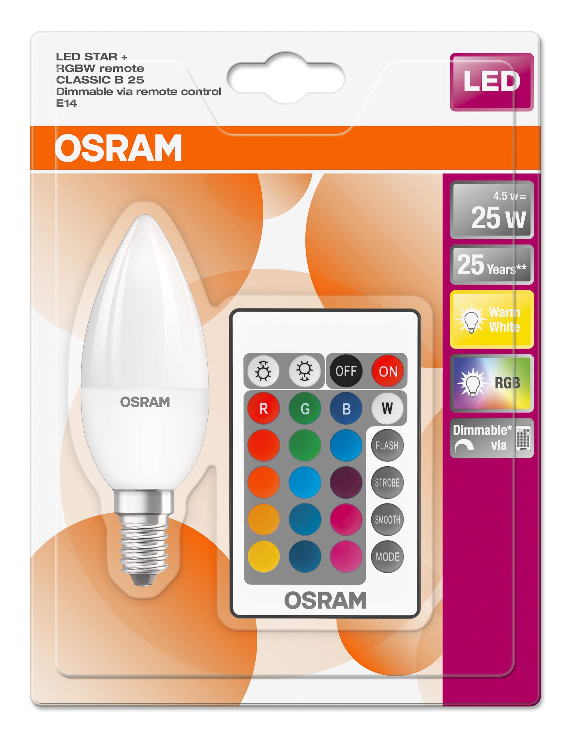 Ledvance 4058075045743 A, Osram LED Star Plus Classic B in Kerzenform, Plastik, 4.5 W, E14, Bunt, 10 x 3.6 x 3.6 cm