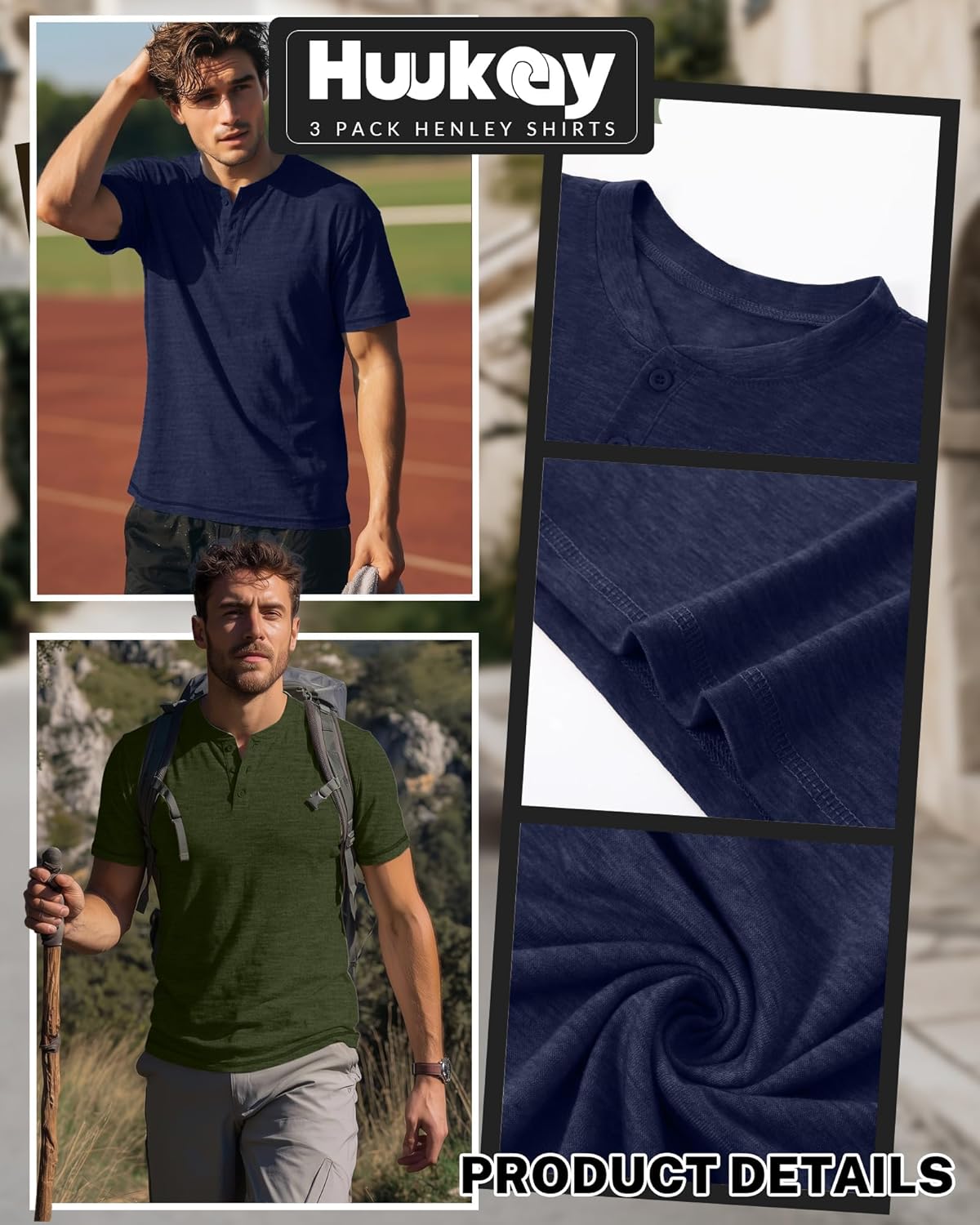 Huukeay 3 Pack Men's Big & Tall Henley Short Sleeve Shirts, Crew Neck Casual Button T-Shirts Summer Basic Tees Tops