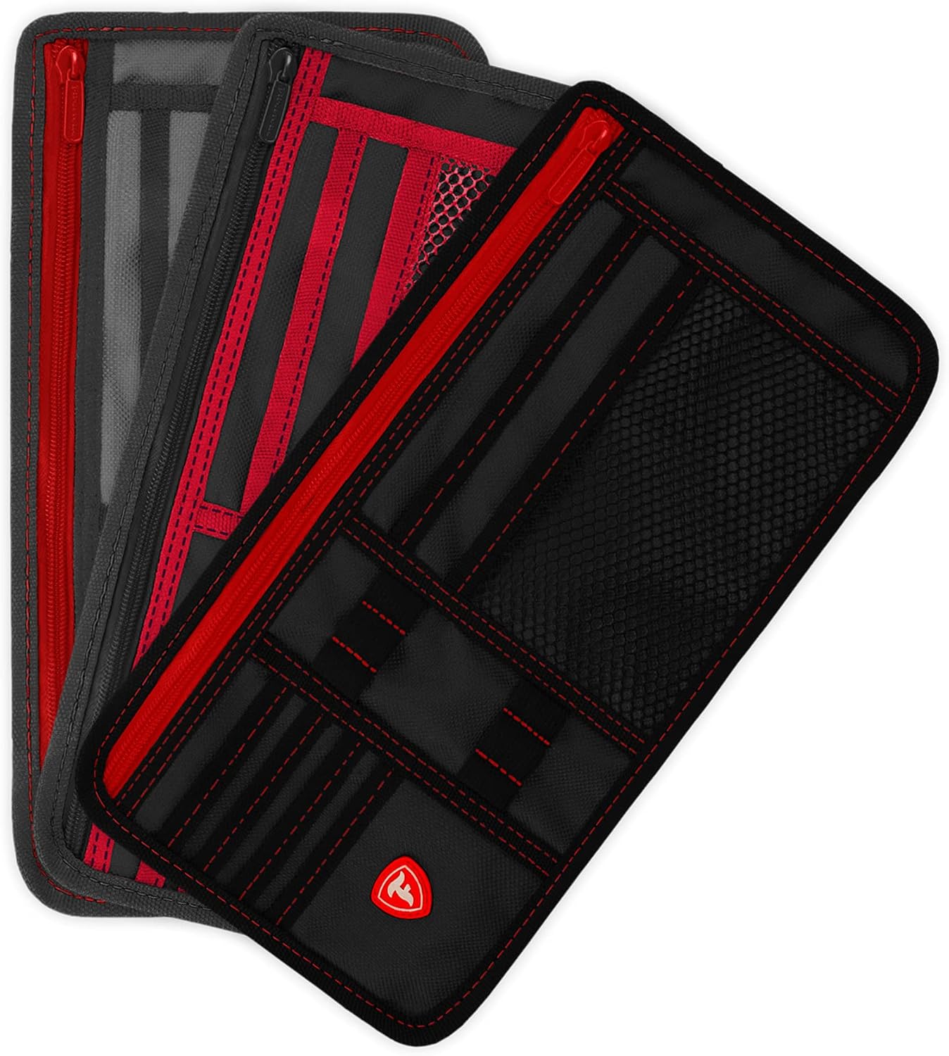Firestone Car Sun Visor Organizer | 8 Compartment Car Organizer for Visor | Car and Truck Organizer with Holder and Slots for Sunglasses, License, Registration and More | Black/Red