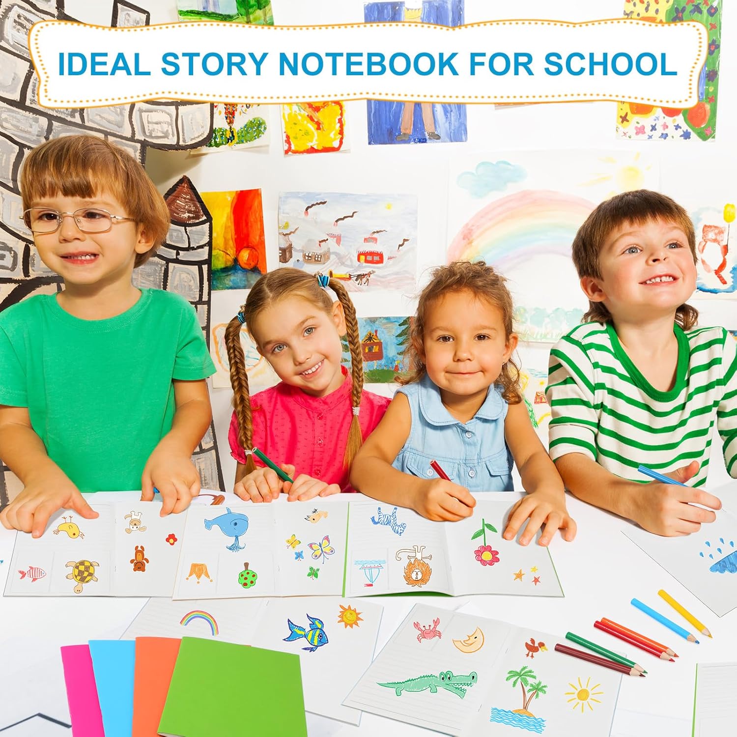 12 Set Blank Story Notebook for Kids with Colored Pencils Blank Books to Write Stories Primary Notebook Preschool Journal Composition Book Classroom Back to School Easter Basket Stuffers - Image 5