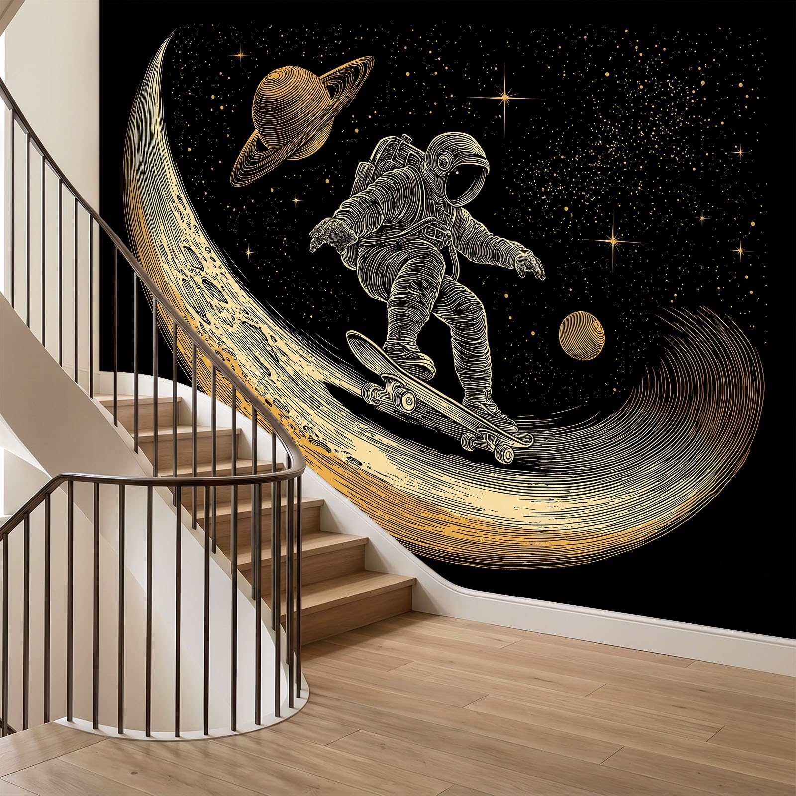 Vlies Fototapete 3D-Effekt Astronaut Sternenhimmel Sci-Fi Skateboard Wandtapete 300 x 280 cm, Moderne XXL Motivtapete Wanddekoration für Wohnzimmer Schlafzimmer,