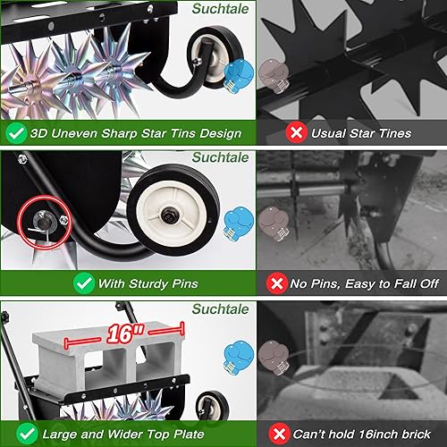 Miniatura 5 de Suchtale Aireador de púas de empuje de 18 pulgadas, aireador de césped rodante resistente, aireador de césped con pico giratorio, equipo de