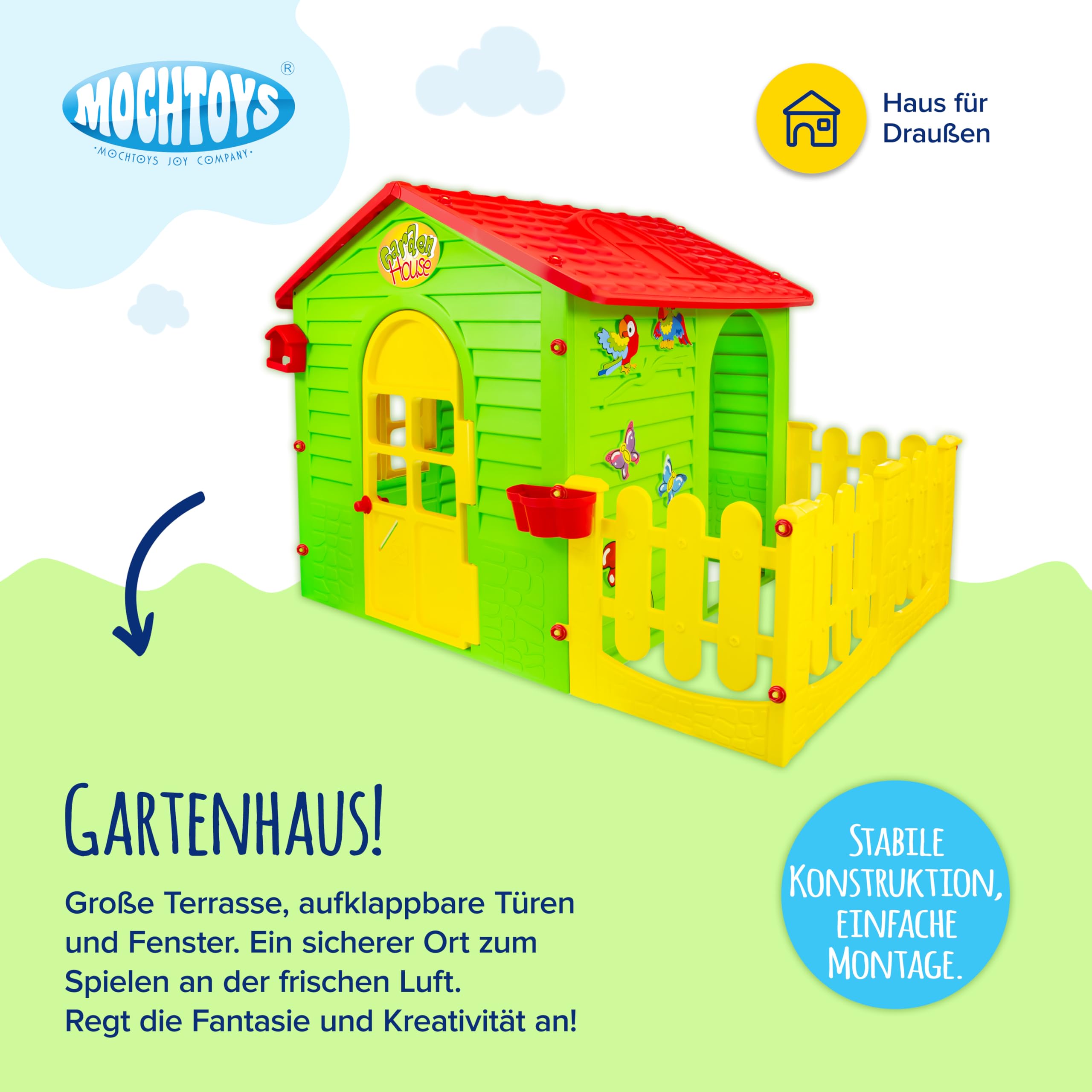 Mochtoys Spielhaus für Kinder - Kinderhaus mit Kleinem Garten, Outdoor Gartenhaus für die Jüngsten mit Terrasse und zu öffnenden Fenstern, Wetterfest, REGT Fantasie und Kreativität an