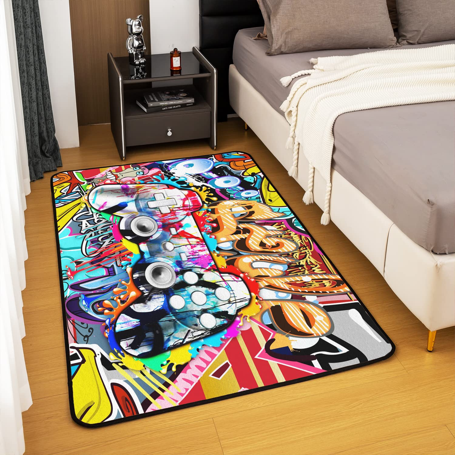 Loussiesd Tapis de salon Gamer 100 x 150 cm Style hippie Graffiti Tapis de salon pour chambre à coucher Maison Décoratif Graffiti Graphic Street Culture Tapis Ultra Doux Antidérapant Tapis de sol