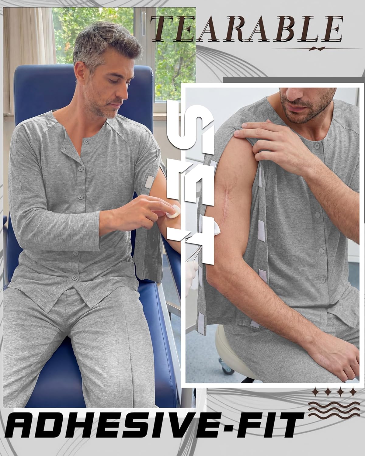 Mens Post Shoulder Surgery Shirt Tear Away Pant Fully Open Bedridden Patient Clothing Adaptive Hospital Gown Set