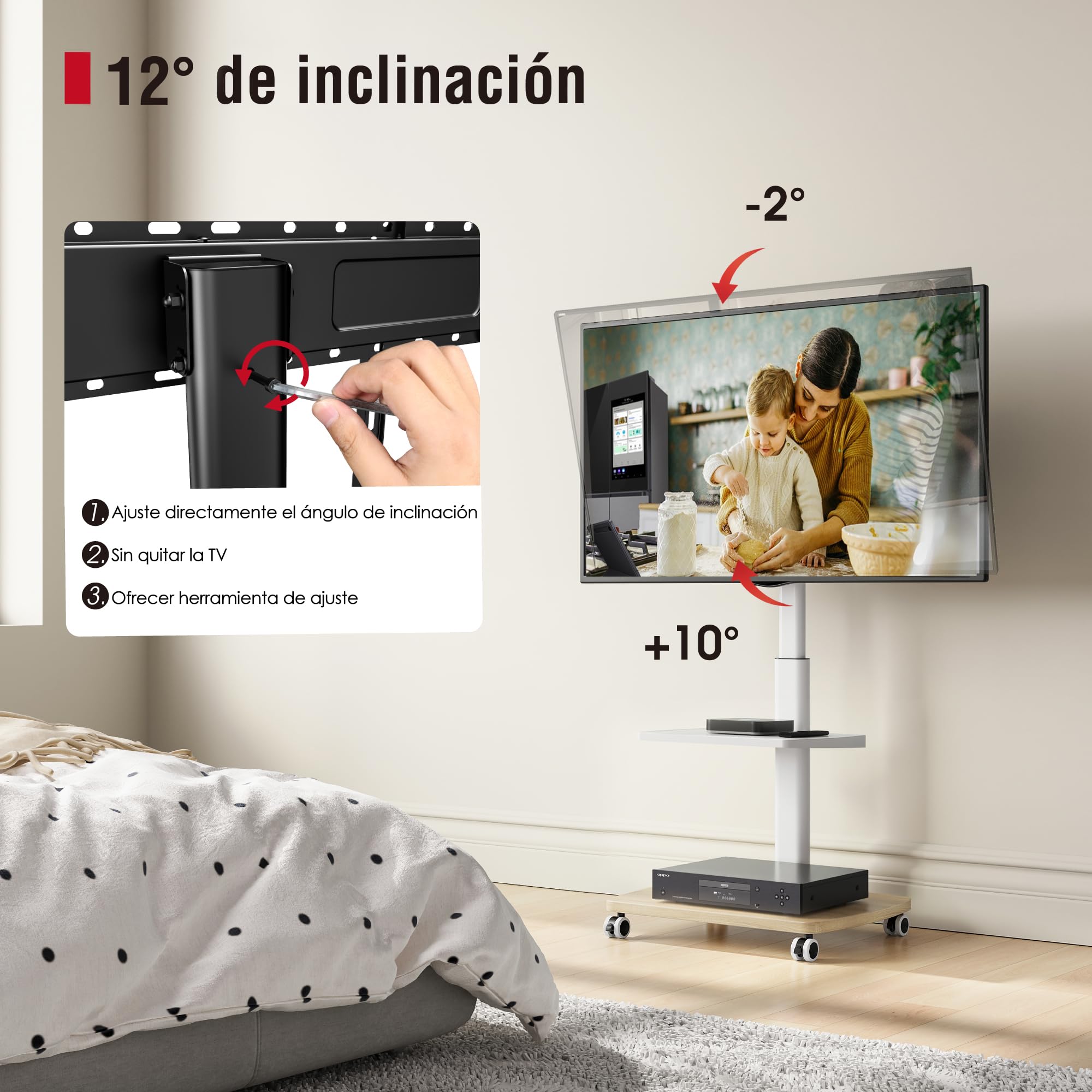 AOKCOS Soporte para TV móvil con ruedas con base y estante de madera para televisores de 32 a 65 pulgadas, soporte de piso para TV ajustable en altura y giratorio, hasta 40 kg máx. VESA 400 x 400 mm