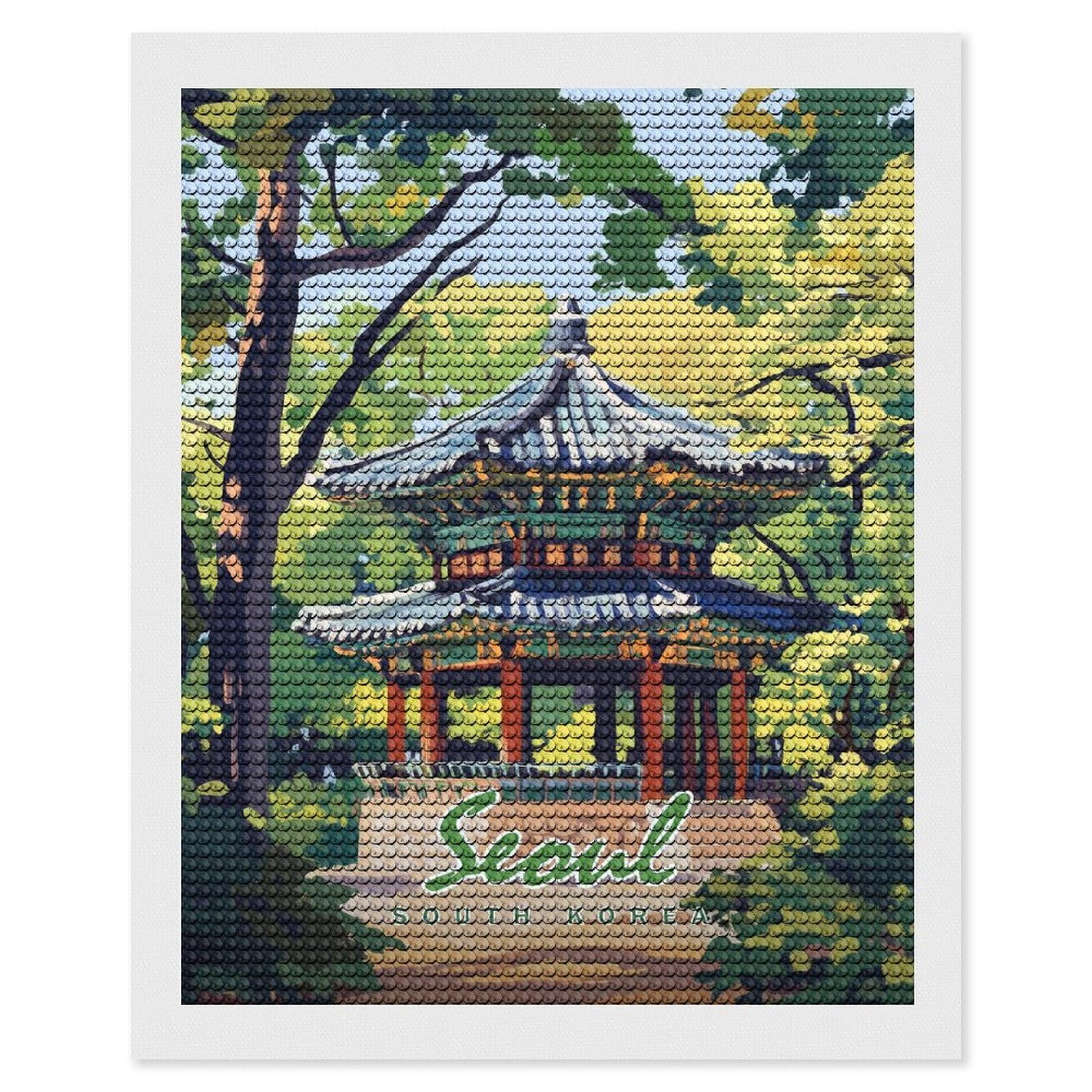 Junmoney Seoul Pagoda Illustration Round Drill Diamond Painting 16"x20", for Craft Lovers, Stress Relief Craft, Bedroom Decor, Festive Craft Gift