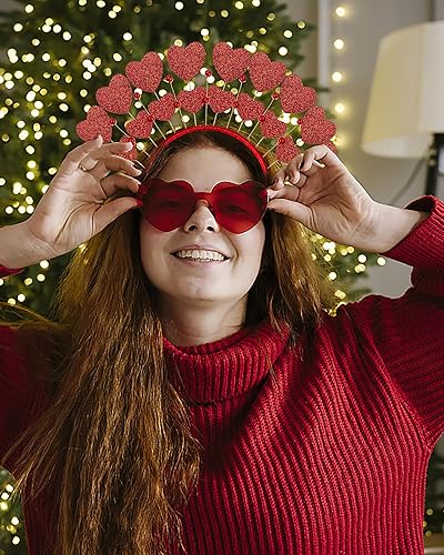 Miniatura 8 de Bnikion Diadema de corazón rojo, diadema para el día de San Valentín y lentes de sol de corazón con gemas de corazón rojo y rosa para mujeres y