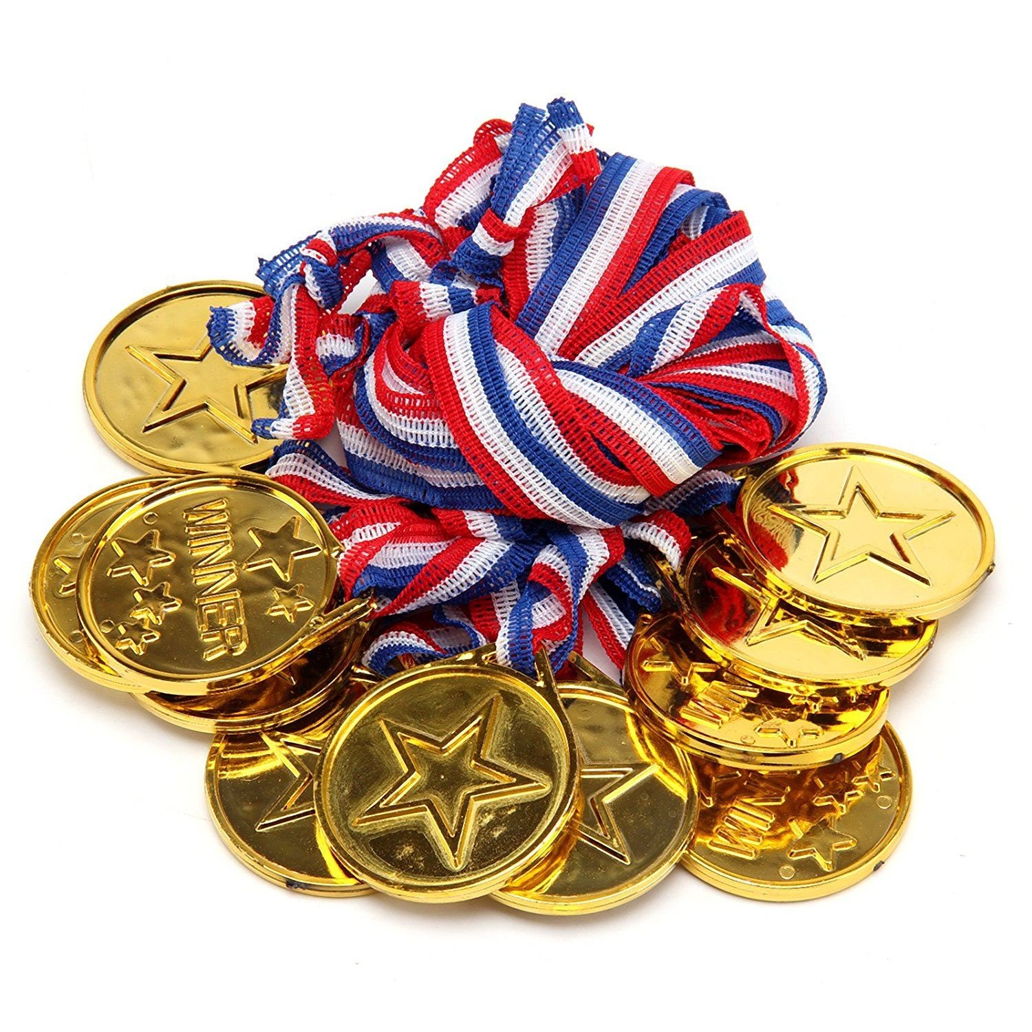 Shatchi Gold 12Pcs Plastic Medals Kids Children's For Classroom School Sport Day Star Winners Kids Sports Day Olympic Game Prizes Awards Toys Bag Fillers