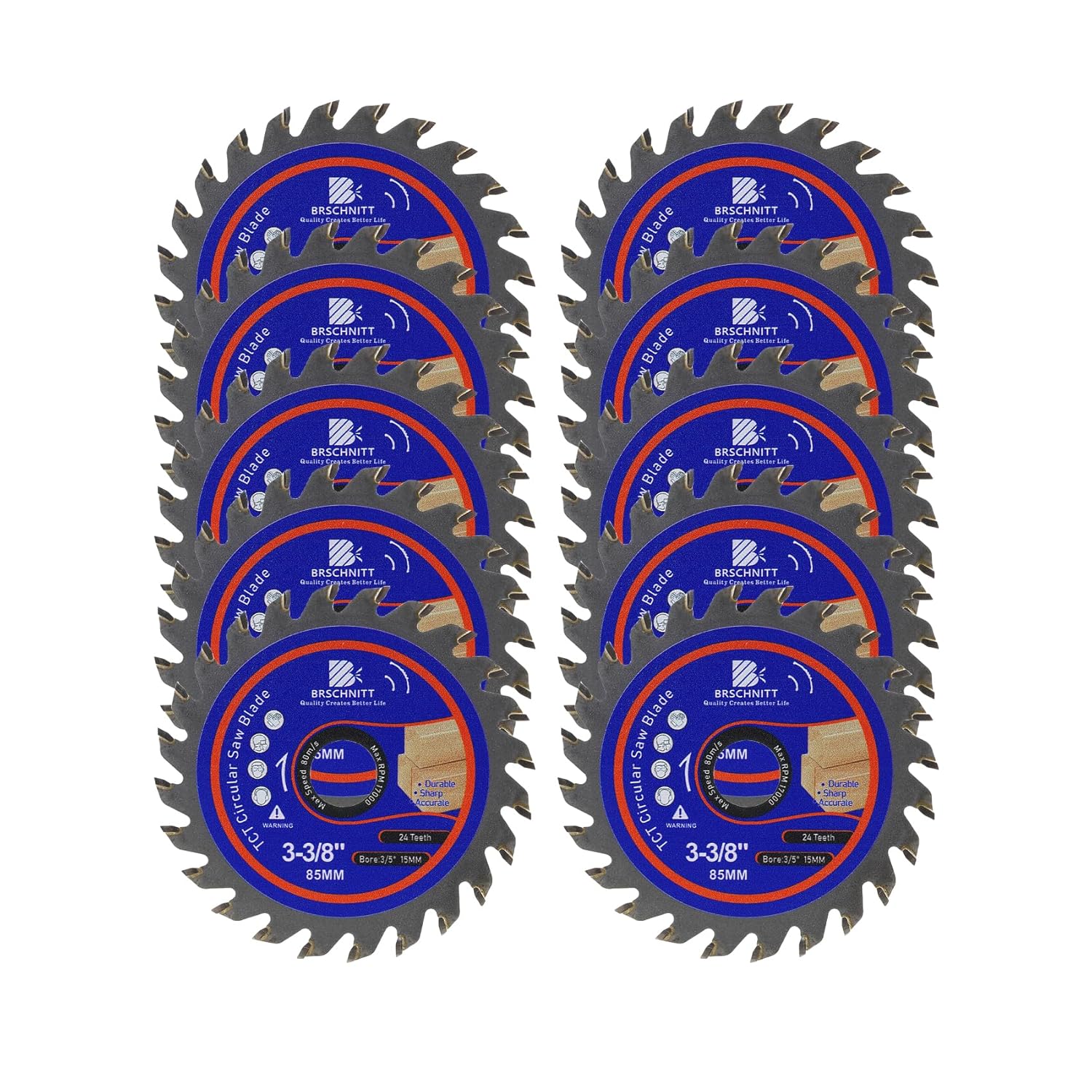 Carbide Tipped Teeth Compact Circular Saw Blade 24T 3 3/8"- BRSCHNITT 10pcs Wood Cutting Saw Blade for General Purpose Cutting & Trimming Wood, Plastic and Composite Materials Arbor:3/5"-3/8"