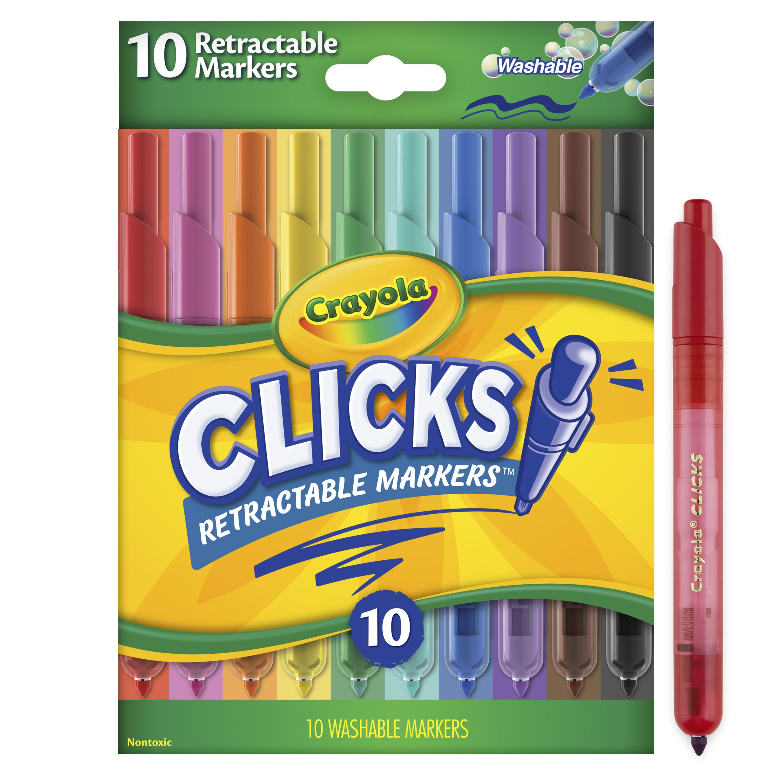 CRAYOLA Clicks Marker Pens - 10 Pack Retractable Washable Capless Marker Colouring Pens 2 in 1 Conical Tip for Thin and Thick Lines for School Home and Travel, Kids and Adults