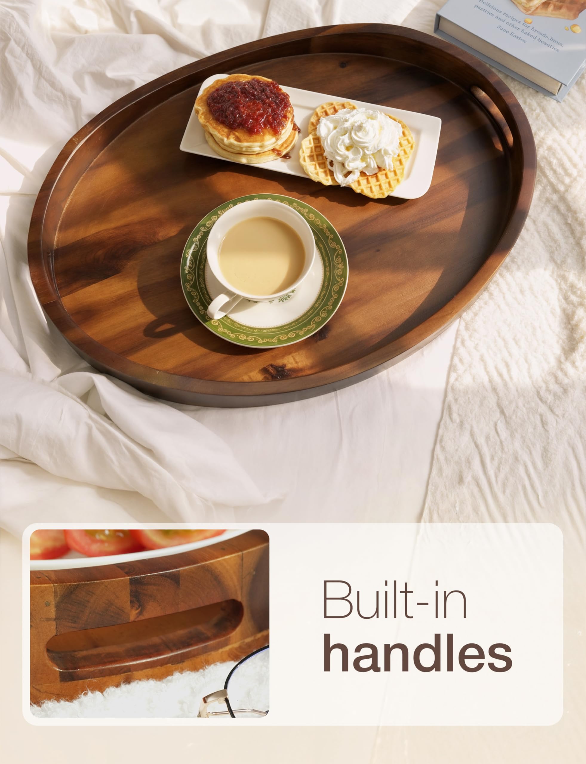 TIDITA Bandeja otomana de madera de acacia con asas, redonda de 20 x 15 pulgadas, bandejas ovaladas grandes para servir para sala de estar, bandejas de madera decorativas para encimera de cocina, mesa