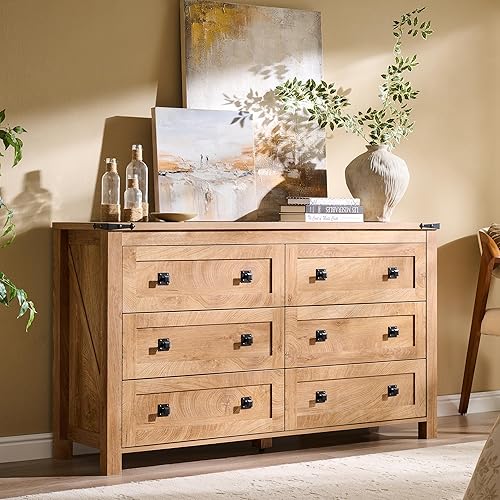 T4TREAM Farmhouse 6 Drawers Dresser for Bedroom, Wide 6 Chest of Drawers, Wood Rustic Double Dresser Organizer for Bedroom, Living Room, Hallway, Kids Room, Nursery Room, Light Knotty Oak