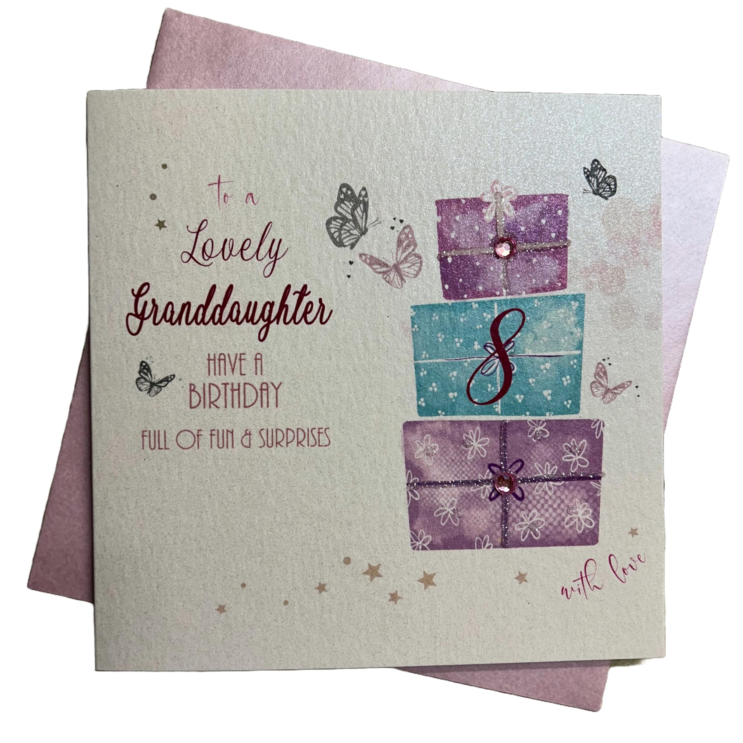 WHITE COTTON CARDS Granddaughter 8 Happy, Handmade 8th Birthday Card (Pink Present)