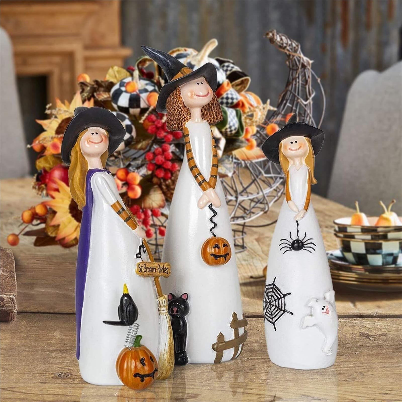 Figurki kolekcjonerskie Halloween figurki czarownic, dekoracja stołu, zestaw 3 przerażające dekoracje świąteczne do pokoju studenckiego