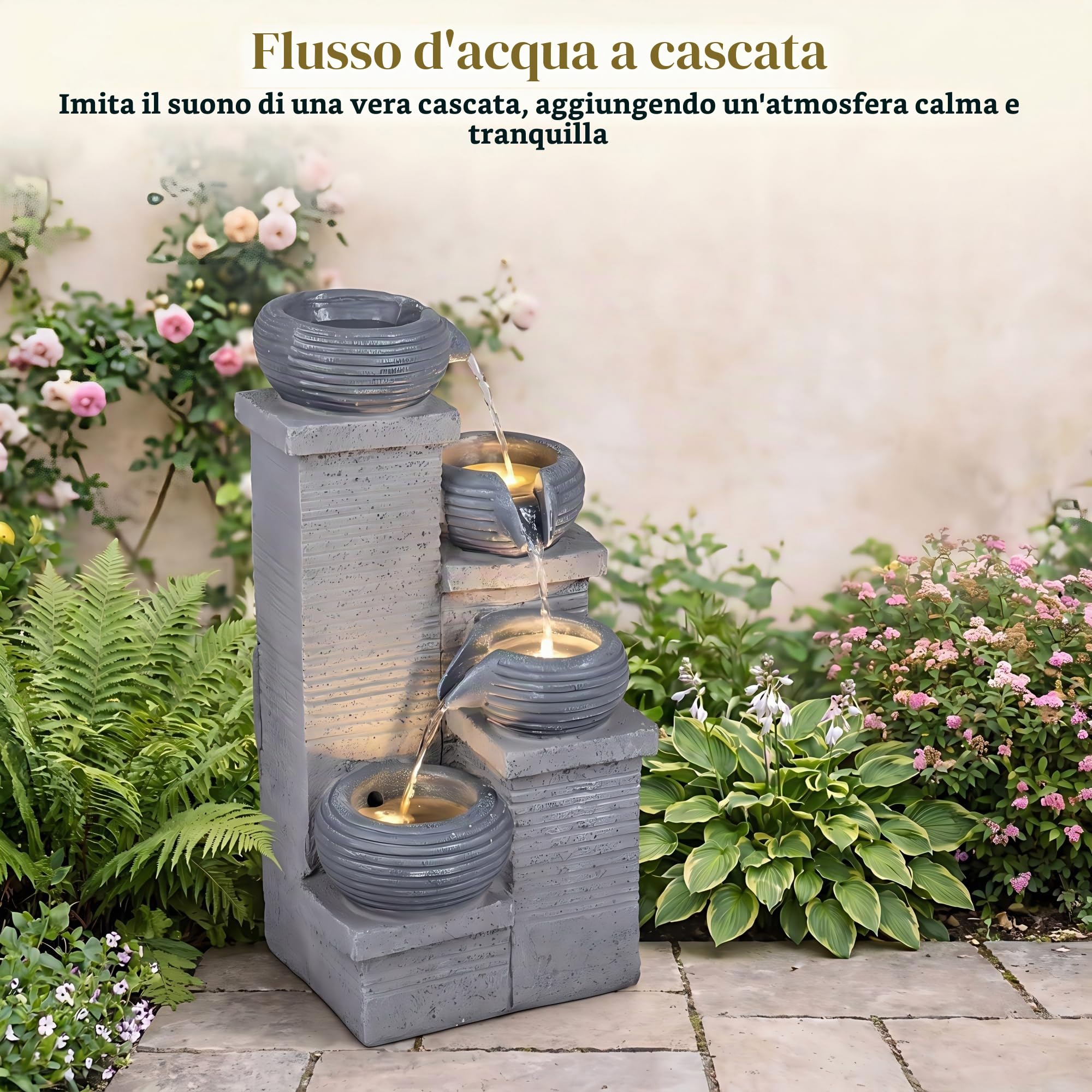 HOMASIS Fontana da Giardino a 4 Livelli, 58 cm Fontanella Decorativa con 3 Luci LED Bianco Caldo e Pompa, Velocità dell'Acqua Regolabile, Cascata Acqua da Esterno in Resina per Terrazze e Cortile