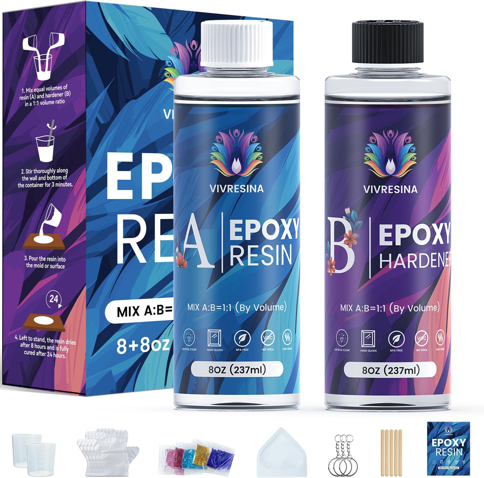 Epoxy Resin Kit for Beginners 16 OZ with Molds, Clear No Bubble Fast Curing Heat Resistant for Casting Coating Art DIY Craft Jewelry Making, Keychains