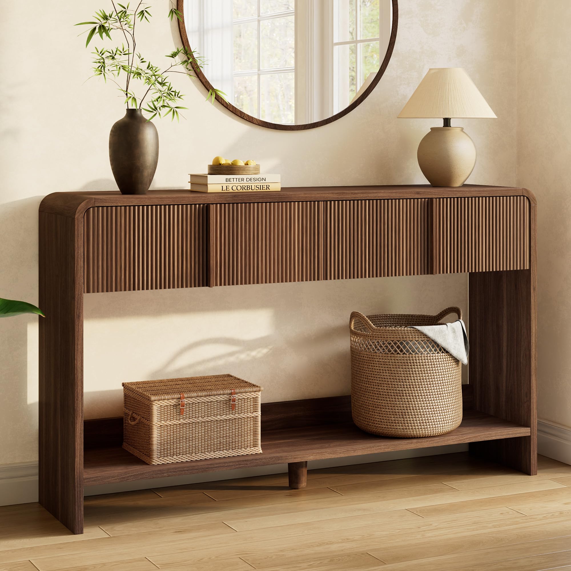 AMERLIFE 55" Fluted Entryway Console Table with 2 Drawers and Open Shelf