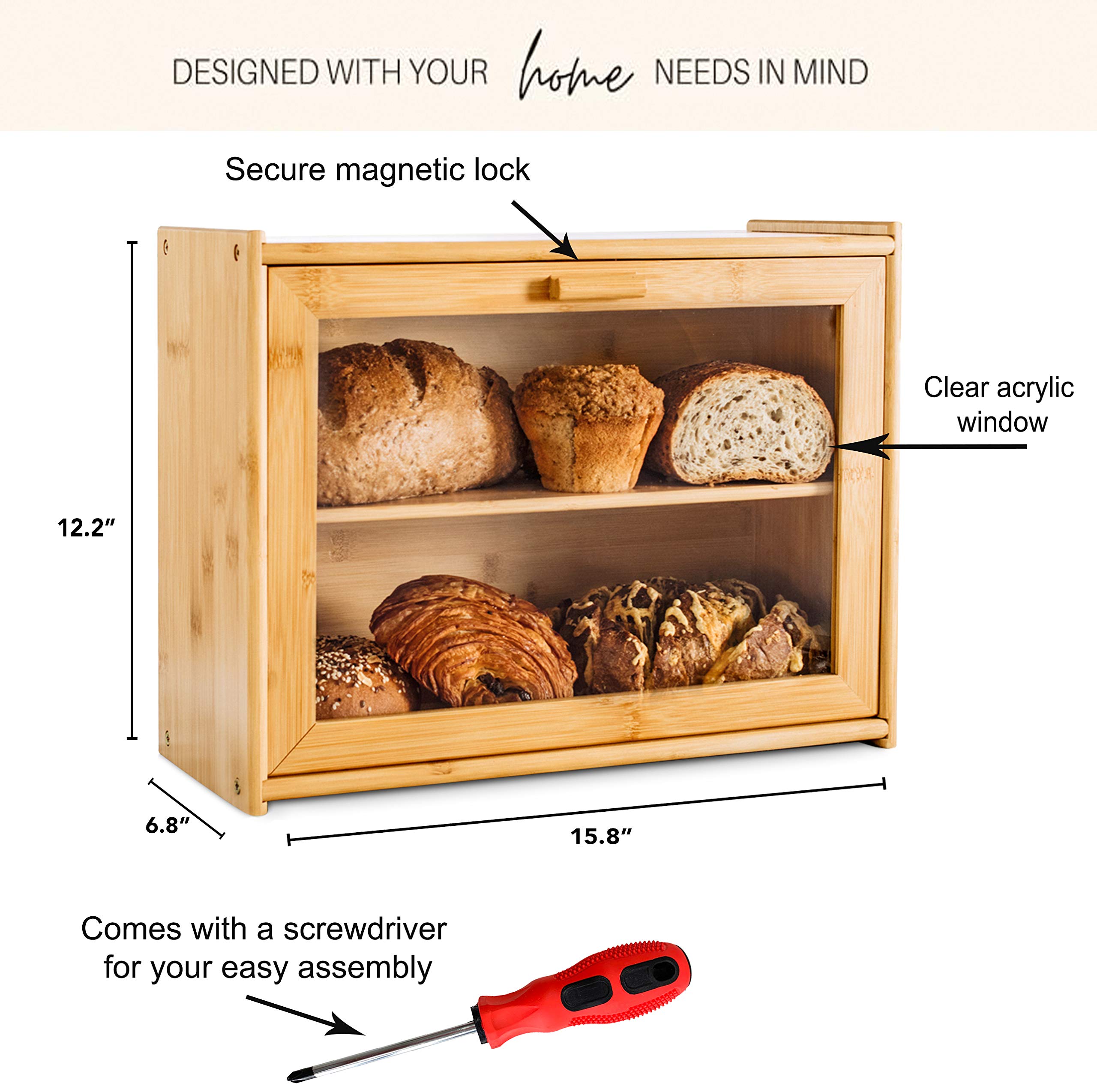 Laura's Green Kitchen Bamboo Bread Box for Kitchen Counter Double Layer Bread Storage with