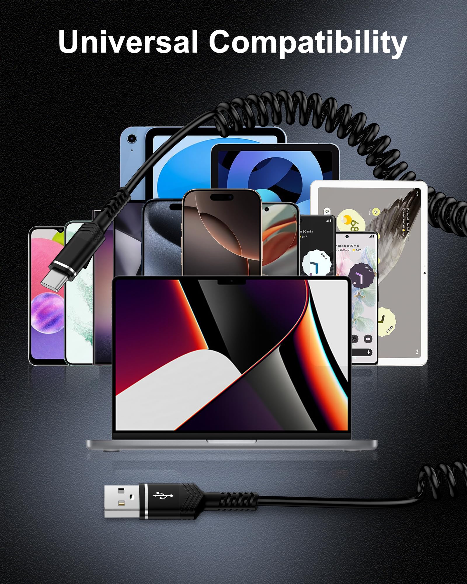 Cable USB a USB C en espiral, cable USB C de 4 pies, cargador de teléfono de coche, cable de carga rápida para iPhone 16 15 Pro Max/16 Pro/16 Plus/Galaxy/Pixel, cable USB-C retráctil para Apple