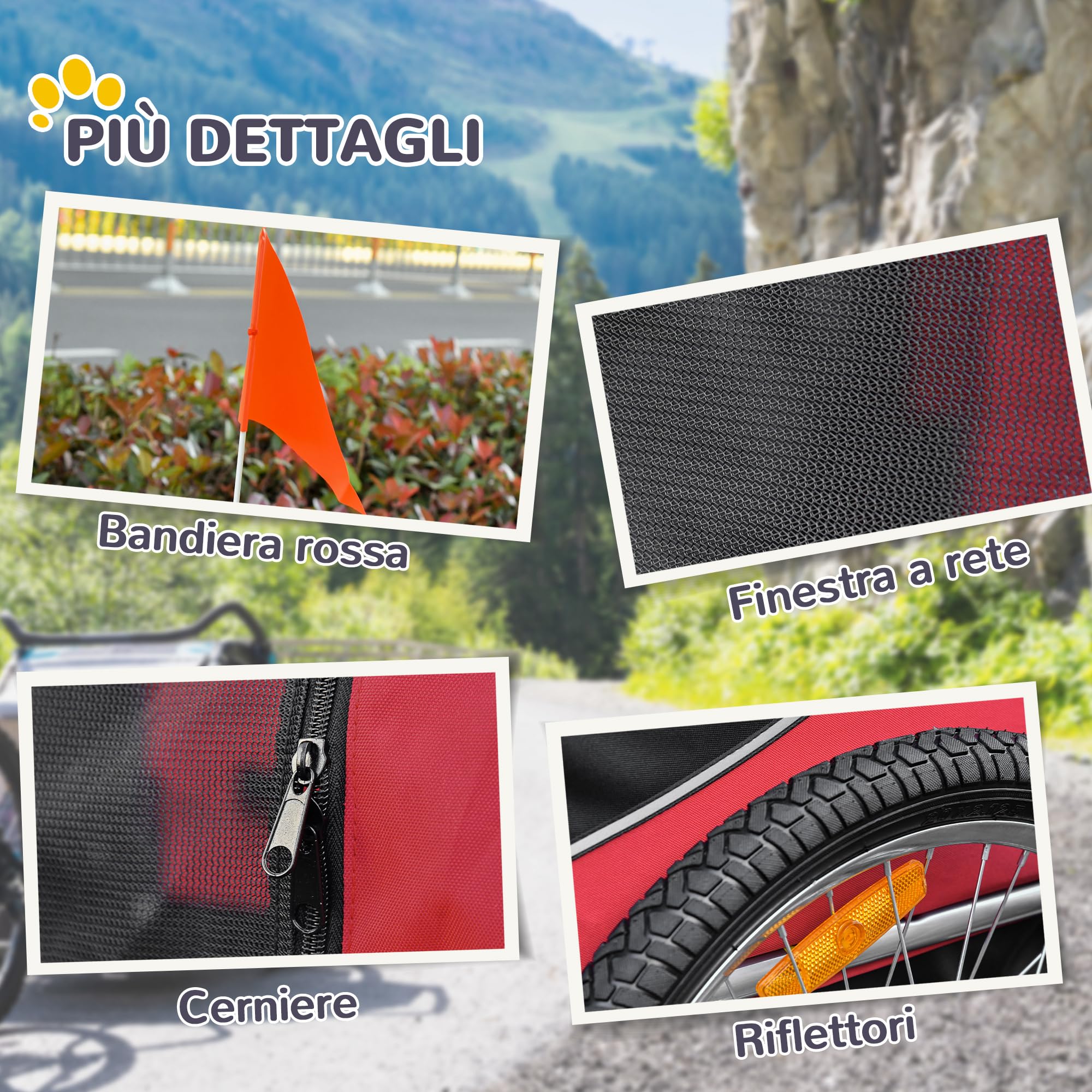 PawHut Carrellino Rimorchio per Cani Animali Domestici da Bicicletta 130 x 73 x 90cm Rosso e nero