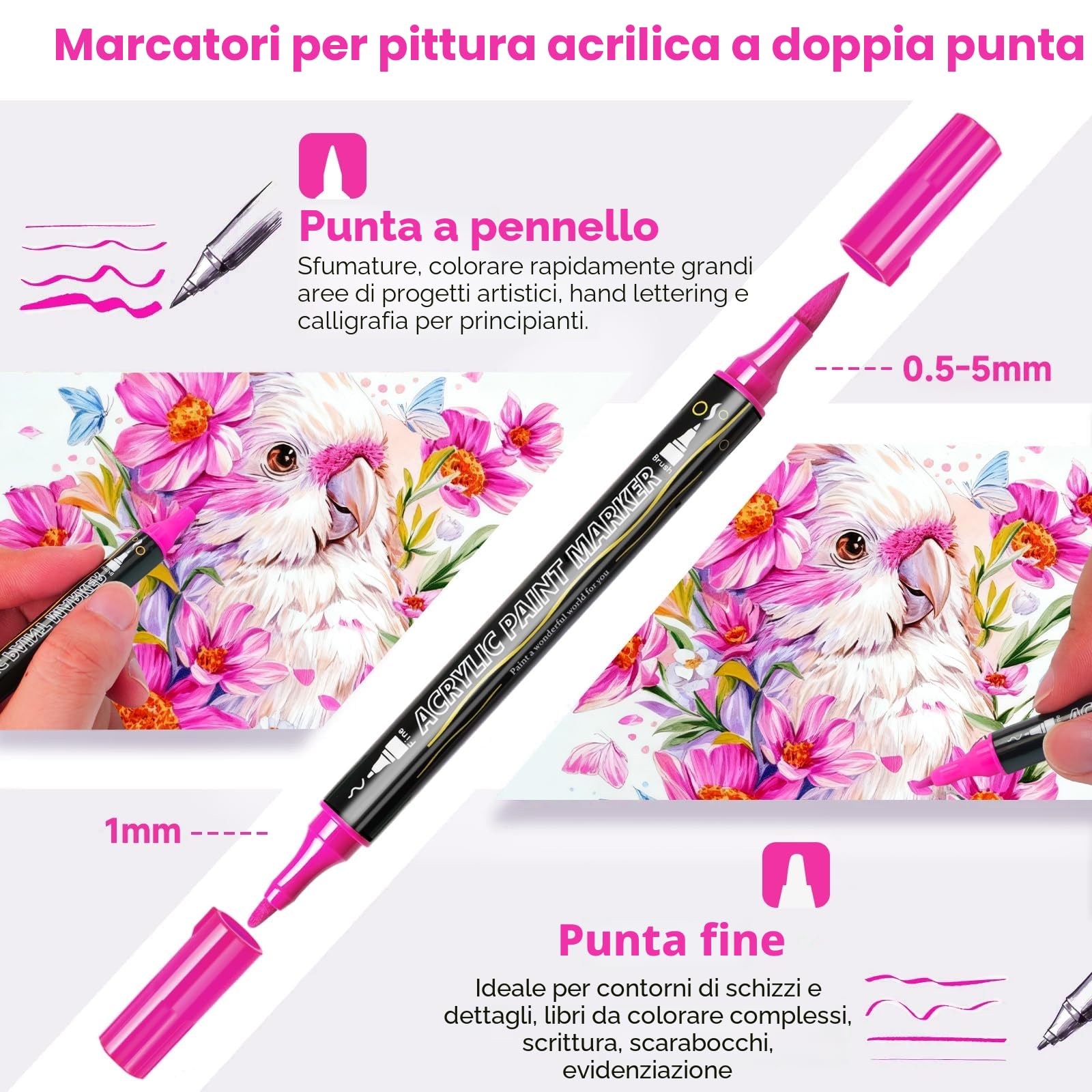 120 Colori Pennarelli Acrilici, Acrylic Paint Marker Brush Doppia Punta(Fine e a Pennello), Dipingere Sassi Professionali per Legno, Vetro, Ceramica, Plastica, Tessuti, Colorazione Tela e Carta