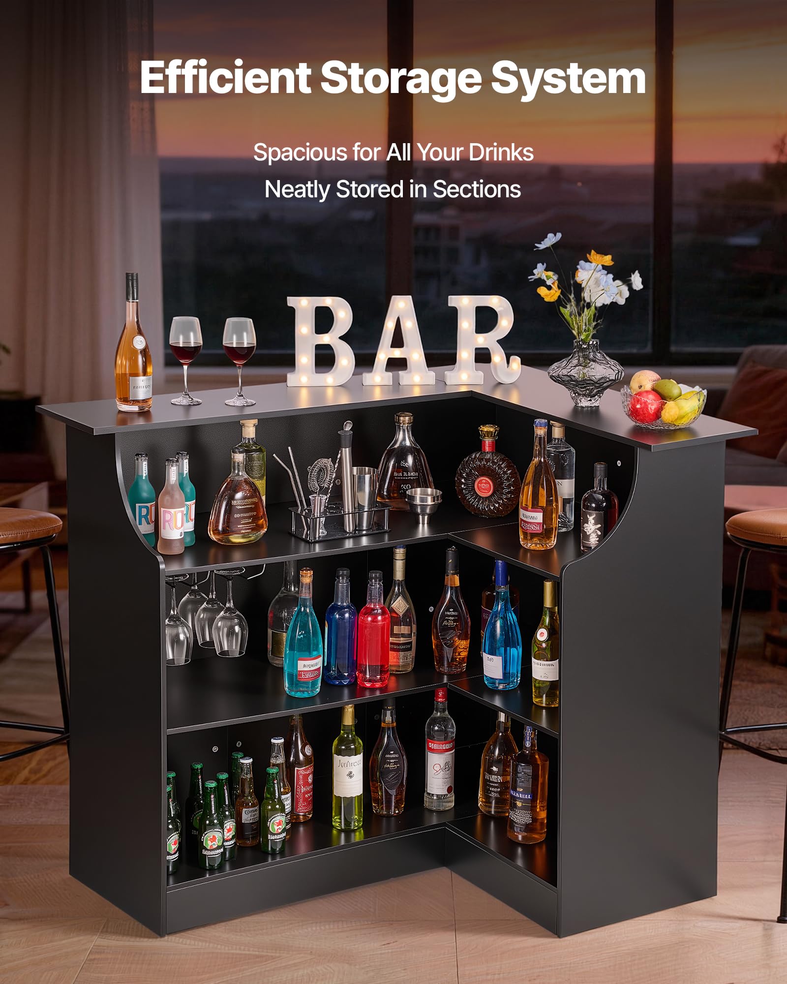 VEVOR Bancone da Bar per Salotto, Mobile Tavolo da Bar a Forma di L con 4 Ripiani Portaoggetti, Carico max 136 kg, Mobiletto Angolare per Casa Cucina Soggiorno Cantina Bancone da Interno, Nero