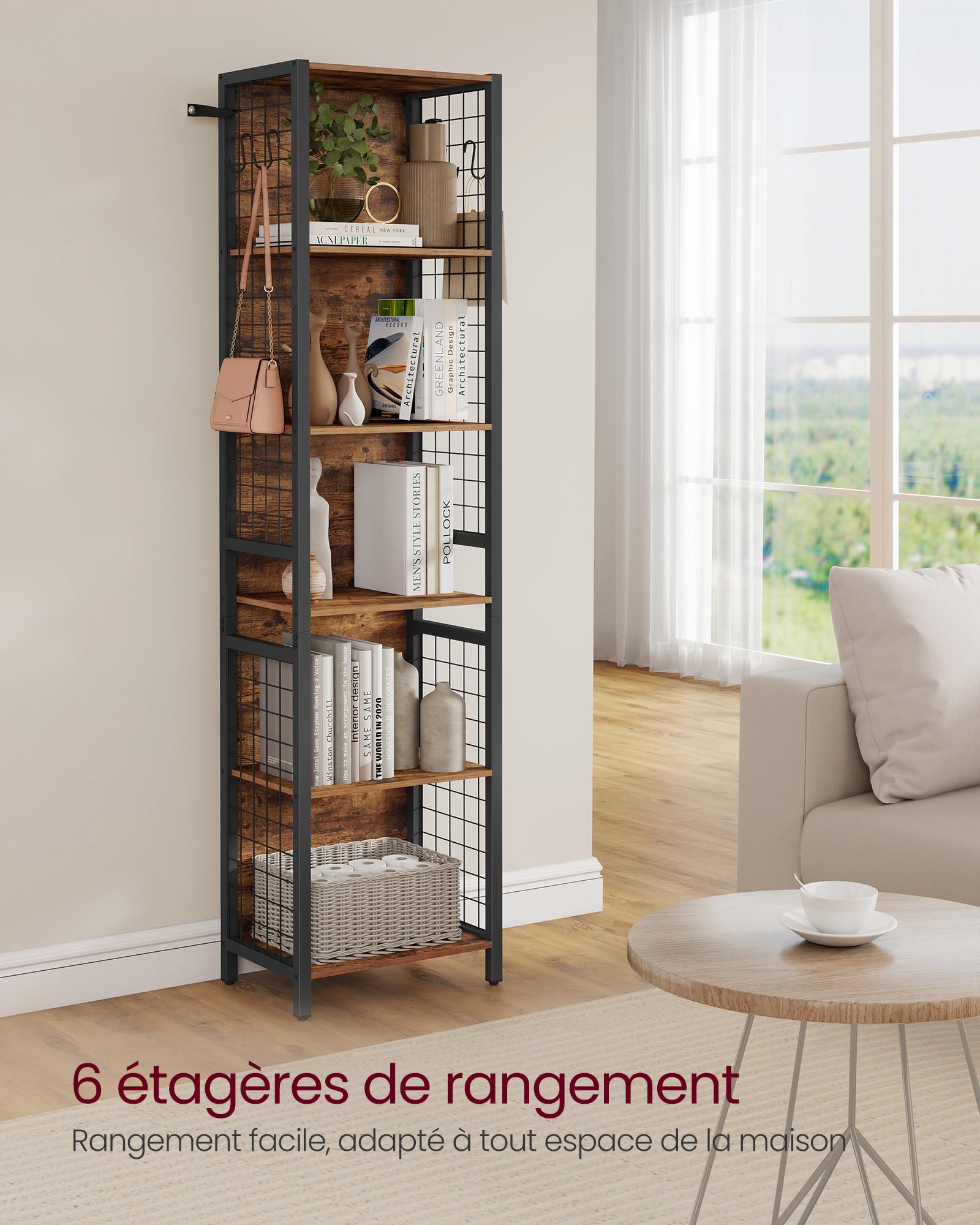 VASAGLE Bibliothèque, Étagère à 6 Niveaux, Meuble de Rangement, 30 x 40 x 175,6 cm, avec 4 Crochets en S, pour Bureau, Salon, Cadre en Acier, Marron Rustique et Noir d'encre LLS170K01