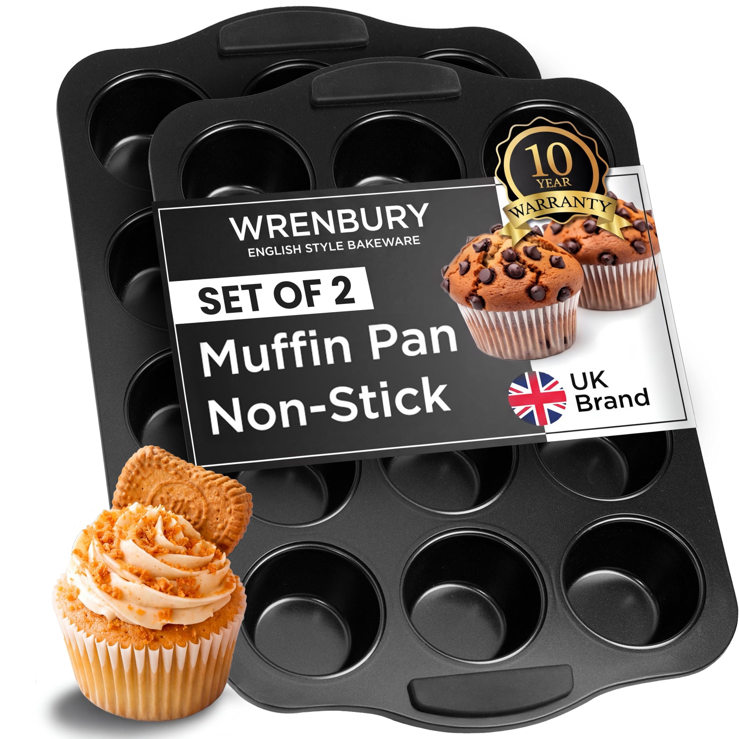 Wrenbury Lot de 2 moules à muffins antiadhésifs pour la cuisson de 12 tasses - 7,5 cm de profondeur - En acier carbone sans PFOA - Résistant à la déformation - Facile à nettoyer